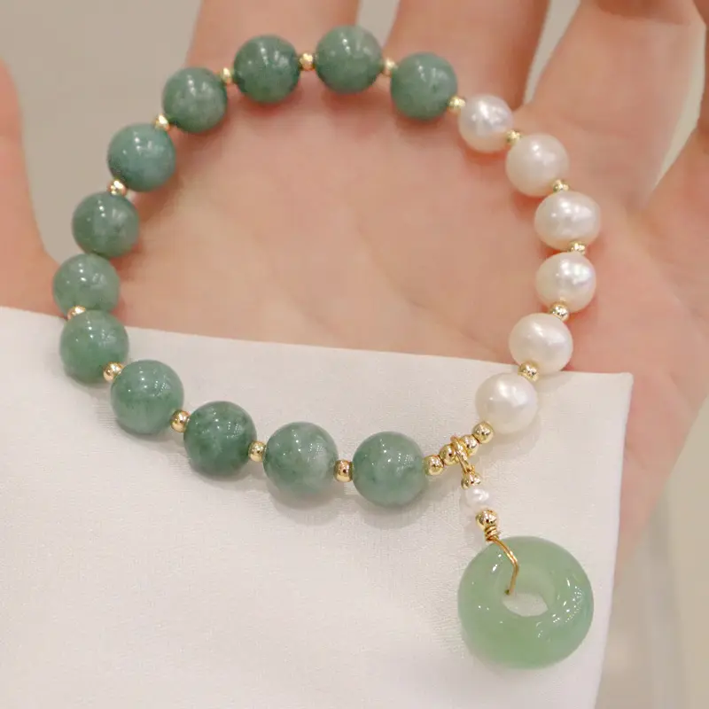Myanmar Jade Bracelet Beaded Bangle Freshwater Pearl Jewelry Green Aventurine Jade Charms Bracelet For Women
