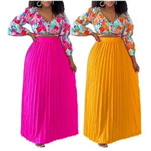 MG3262 Latest Design Skirt And Top Set For Women V-neck Printed Blouse + Pleated Long Skirts Set 2 Piece Outfits For Women