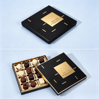 Boîte rigide sur mesure avec couvercle et base, noir mat, estampage à chaud en feuille d'or, gaufrage, 18 compartiments pour chocolats de qualité supérieure