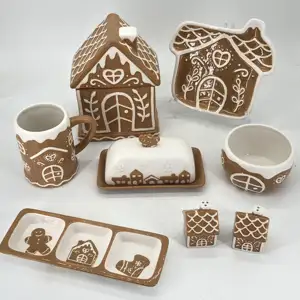 2024 New Design Custom Hand Painted Christmas Bowl Dish Tray Plate Set Ceramic Christmas Gingerbread Man Dinnerware Set