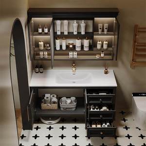 Combinaison d'armoires de salle de bain rétro en chêne français, meuble-vasque en bois massif, lavabo intégré en céramique - Product Image 5