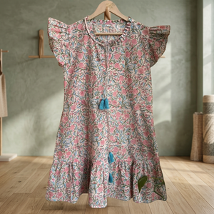 Vestido Midi Boho Ecológico Estampado a Mano con Bloques, 100% Algodón, Corduroy Indio, Asimétrico con Borlas, para Verano - Product Image 2