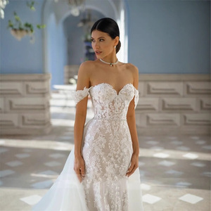 Off Shoulder Mermaid Wedding Dress White Embroidered Lace Sweetheart Neckline Train Gown Elegant Bridal Dress - Product Image 1