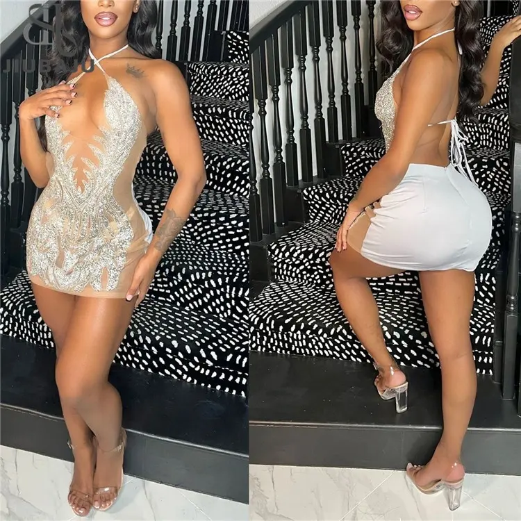 Mini-robe sexy dos nu pour femmes, moulante, transparente, en maille, avec strass, dos ouvert