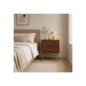 Modern Chevron Wooden Nightstand 2 Drawer <b>Bedside</b> <b>Table</b> Brass Handle OEM ODM Custom Supplier Direct Supply Manufacturer - Product Image 1