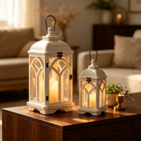 Ensemble de lanternes décoratives en métal blanc rustique et en verre pour la décoration de table de mariage ou de maison de style farmhouse