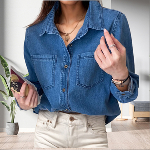 Hot Sale Long Sleeve Turn <b>Down</b> Collar Button up Pockets Denim Women Fashion - Product Image 3