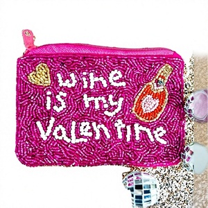 Porte-monnaie en perles de verre fait main, motif 'Le vin est mon Valentine', pochette zippée créative pour femme - Product Image 1