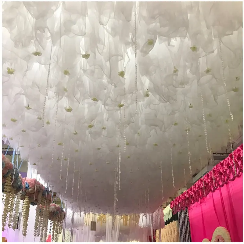Cortinas de techo para bodas, tela de malla transparente, tubos de techo y cortinas para escenario