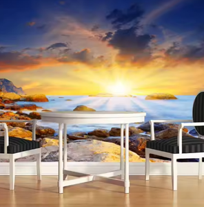 Tranquille côtier coucher de soleil 3d papier peint décoration de la maison Rocky Shore & Sunburst Relaxation murale personnalisée - Product Image 3