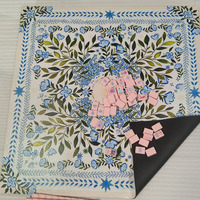 Tapis de table de mahjong américain de luxe personnalisé avec motif de fleurs bleues et de feuilles vertes - Tapis imperméable antidérapant et insonorisant