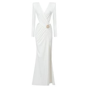Vestido Largo Casual de Mujer 2026 en Blanco y Negro, con Pliegues Calados, Estilo Francés, Elegante, para Noche, con Cuello Alto - Product Image 5