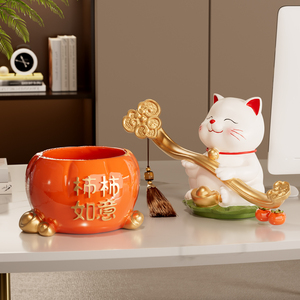 Figurine de chat porte-bonheur, statue de fortune en kaki avec Ruyi doré, décoration d'intérieur porte-bonheur, cadeau de pendaison de crémaillère pour salon - Product Image 4