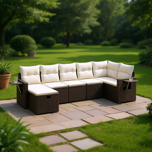 Ensemble de canapés de jardin en polyrotin brun moderne avec coussins en mousse haute densité, mobilier d'extérieur, design modulaire grand format - Product Image 2