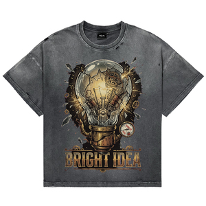 Camisetas de Hombre Negras Vintage Oversize con Lavado Ácido y Efecto Desgastado, Transpirables, con Estampado Personalizado de Bombilla Punk, de Algodón, Cuello Redondo y Manga Corta - Product Image 1