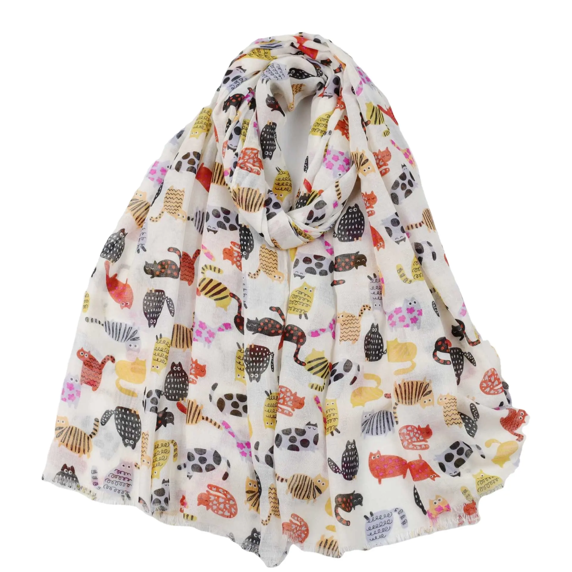 卸売高品質猫プリントロングサイズビスコース春スカーフ女性用ソフトコットン感ヒジャーブスカーフプリントスカーフショール