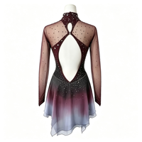 Robe de patinage artistique pour enfants, dégradé rouge vin, noir et gris, en spandex/nylon, maille ajourée, dos ouvert, ornée de strass, pour filles