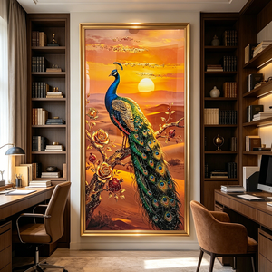 Factory Wholesale Custom Modern Bohemian Peacock Wall Art UV <b>Frame</b> Animals Crystal Porcelain <b>painting</b> Print LED Home Decor - Product Image 4