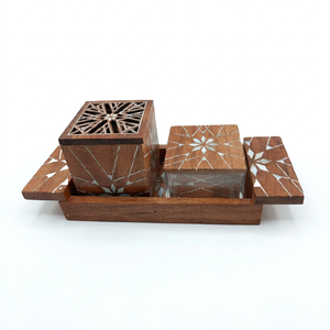Juego de Incensario de Madera de Acacia de Lujo Islámico Árabe con Incrustaciones de Madreperla, Estrella de Anís Religiosa, Certificado por la EPCH, Último Modelo - Product Image 1