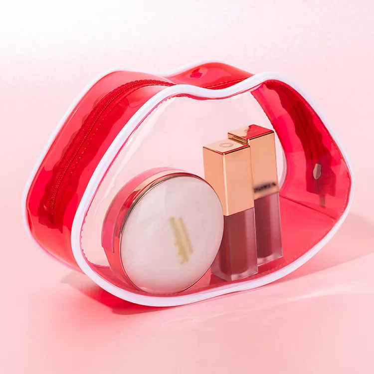 Cute Lips Shape Clear Makeup Organizer Pouches Travel Toiletries Bags Transparent PVC Cosmetic Bag