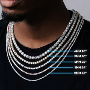 Bijoux fins Hip Hop Bling S925 argent 2mm 3mm 4mm 5mm 6mm GRA VVS Moissanite glacé Tennis chaîne collier pour hommes femmes