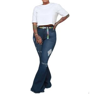 กางเกงยีนส์แฟชั่นเอวสูงทรงขาบานห้ากระเป๋าแบบขาดๆ สำหรับผู้หญิงไซส์พลัส - Product Image 3