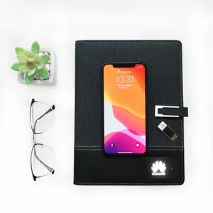 Promotion Notebook with Wireless Power Bank LED Light Logo USB Flash Drive PU Leather A5 Powerbank Diary Journal Spiral / CN;GUA