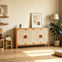 Aparador de Madera de Fresno Premium de 4 Puertas con Tejido Lateral, Mueble Buffet de Lujo para Villa, Credenza Moderna Orgánica con Almacenamiento