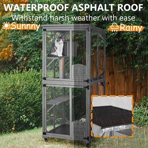 بيت قطط خشبي فاخر كبير للاستخدام الخارجي على عجلات مع شرفة ونافذة للقطط - Product Image 6