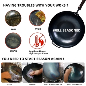 Wok de Acero al Carbono con Fondo Plano, Juego de Wok Chino con Mango de Madera, Tapa de Madera y Espátula para Uso en Restaurantes, Hoteles y Cocinas - Product Image 5