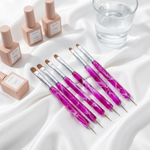 Lot de 6 pinceaux double tête pour nail art, couleur violette, facile à nettoyer, manche confortable, pour la création de motifs d'ongles, outil de manucure professionnel - Product Image 1