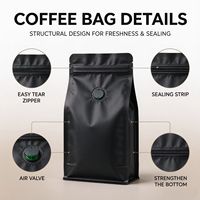Sachet de café à fond plat en aluminium imprimé sur mesure avec valve et fermeture éclair, pochette alimentaire verticale de qualité alimentaire pour grains de café