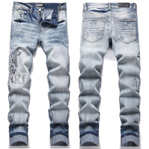 Pantalones de mezclilla azules de cintura media para hombre High Street Y2K estilo Hip Hop 3D bordado leopardo Floral Patchwork ajustado elástico chino - Product Image 1