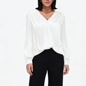 Women's Satin V-Neck Blouse Long Puff Sleeve Casual Office <b>Top</b> Shirt Fashion - Product Image 5