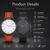 Luxuriöse Minimalistische Runde Quarz-Armbanduhr Edelstahl Schlankes Leder-Mesh-Armband Mineralglas Wasserdicht Taucheruhr