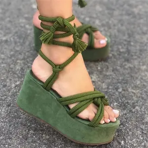 2022 Hot Selling Solid Color Round Toe Ankle Lace Up Platform Wedge High Heel Women Sandals