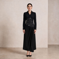 Robe maxi scintillante avec effet brillant, silhouette en A, col en V, manches longues, design élégant et luxueux