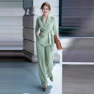 Ensemble tailleur pantalon décontracté vert uni à taille nouée pour femme, tailles S-5XL, style Europe, Amérique, Moyen-Orient, transfrontalier - Product Image 1