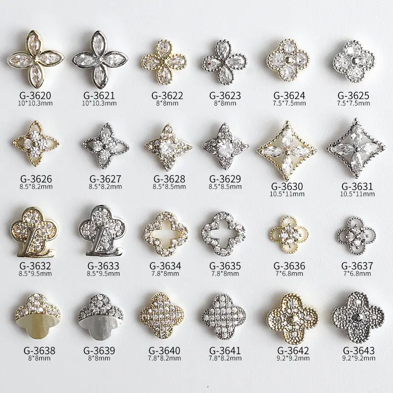 Wholesale Silver Gold Flower Fashion Nail Rhinestones 4-Leaf Clover Nail Decals for False Nail Design Salon St. Patrick's Day