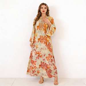 Abito Musulmano con Stampa Floreale per Donne, Elegante Caftano con Scollo a V, Abaya Dubai <span class=keywords><strong>Turchia</strong></span>, Abbigliamento Islamico - Product Image 1