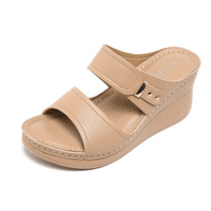 Blue PU Wedge Sandals <b>Open</b> <b>Toe</b> Elastic Band Closure Mid <b>Heel</b> <b>Platform</b> Summer Shoes Breathable Anti-Slip Height Increasing - Product Image 2