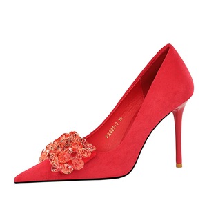 825-H27 BIGTREE Talons hauts de banquet version coréenne pour chaussures de femmes, talon fin en daim, bouche peu profonde, pierres précieuses pointues rhi - Product Image 3
