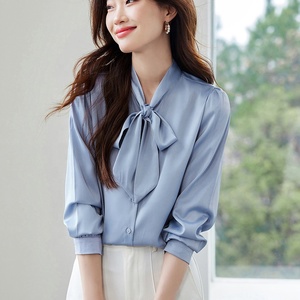Damen Elegante Chiffon formelle Hemden Koreanische Krawatten hals Bluse Slim Fit Satin Tops Office Wear Mode Kleidung Arbeits hemd - Product Image 2