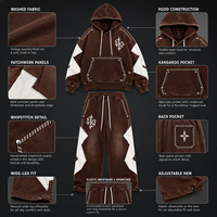 Conjunto Deportivo Personalizado con Apliques Bordados, Sudadera con Capucha de Algodón Grueso Lavado al Ácido, Pantalones Holgados de Corte Recto, Estilo Vintage para Hombre