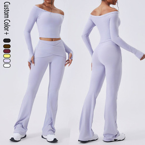 Ensemble 2 pièces pour femmes de grande taille, top court à épaules droites, pantalon évasé à taille moyenne, vêtements d'entraînement, ensembles de gym, costume de <span class=keywords><strong>yoga</strong></span> pour femmes - Product Image 1