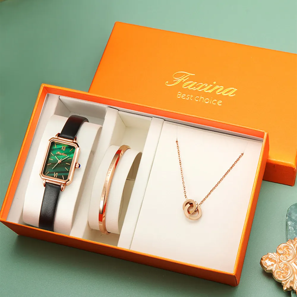 Conjunto de 3 relojes analógicos de lujo para Mujer, pulsera de cuarzo, collar, Reloj de vestir, conjunto de regalo