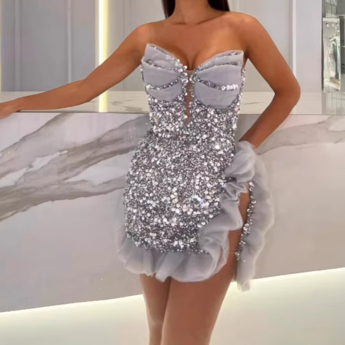 Short Strapless Silver Dress