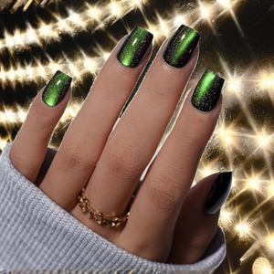 <span class=keywords><strong>Uñas</strong></span> Postizas KQueenest Efecto Ojo de Gato, <span class=keywords><strong>Cortas</strong></span>, con Brillo, Verde Neón, Negro Brillante, Forma Ataúd Oscura, Acrílicas, Pre-Diseñadas, 30 Piezas, para Mujer - Product Image 2