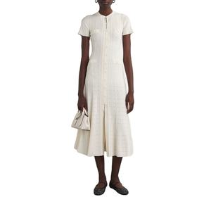 Vestido de punto acanalado con volantes, manga corta, estilo francés dulce, transpirable, línea A, con botones en la parte delantera, abertura y cintura entallada para mujer - Product Image 1