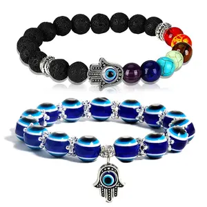 Pulseira de mão Hamsa com 7 chakras, pedra de lava, pingente de olhos azuis, pulseira elástica de joia feita à mão, 2 unidades